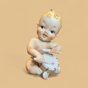 Vintage Porcelain Baby Figurine Playing Drum Bisque Ceramic Mid Century F550